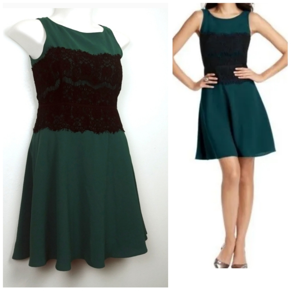 LOFT Flare Dress Size 8 Emerald Green W/Black Lace Cocktail Party